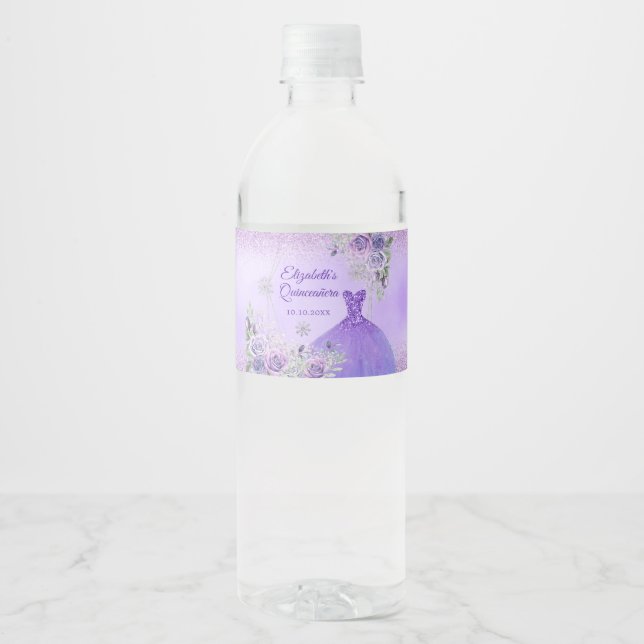 Étiquette Pour Bouteilles D'eau Flocon de neige violet hiver Quinceañera Bouteille (Devant)