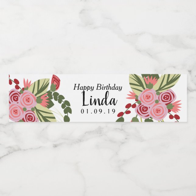 Étiquette Pour Bouteilles D'eau Florales rouges roses Joyeux anniversaire (Étiquettes simples)