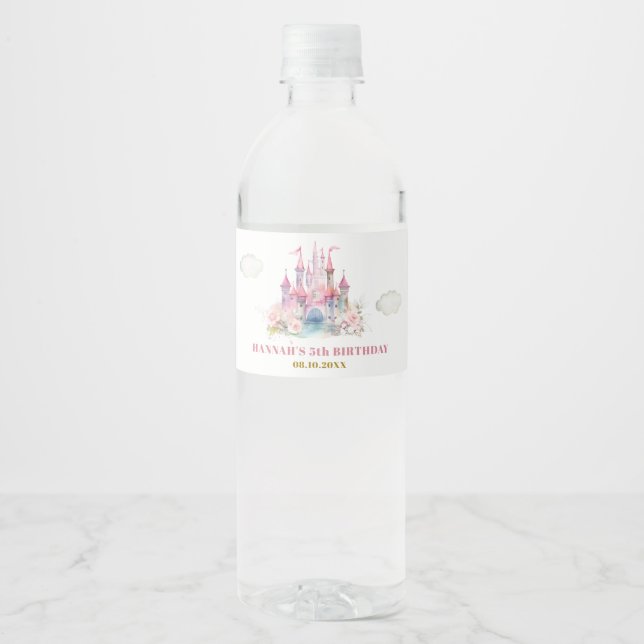Étiquette Pour Bouteilles D'eau Girl Princess Royal Castle Cinquième anniversaire (Devant)