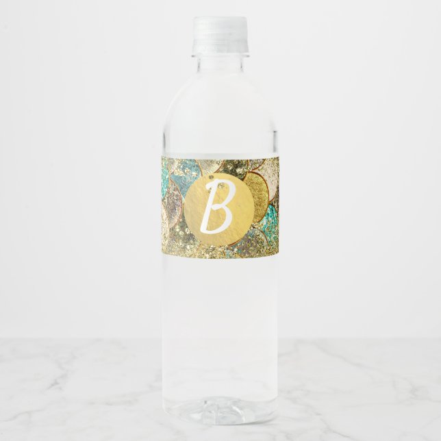Étiquette Pour Bouteilles D'eau Glam Mermaid Gold Turquoise Scales Anniversaire (Devant)