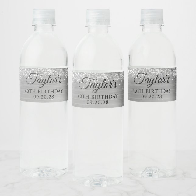 Étiquette Pour Bouteilles D'eau Glittery Silver Foil 40e anniversaire (Bouteilles)