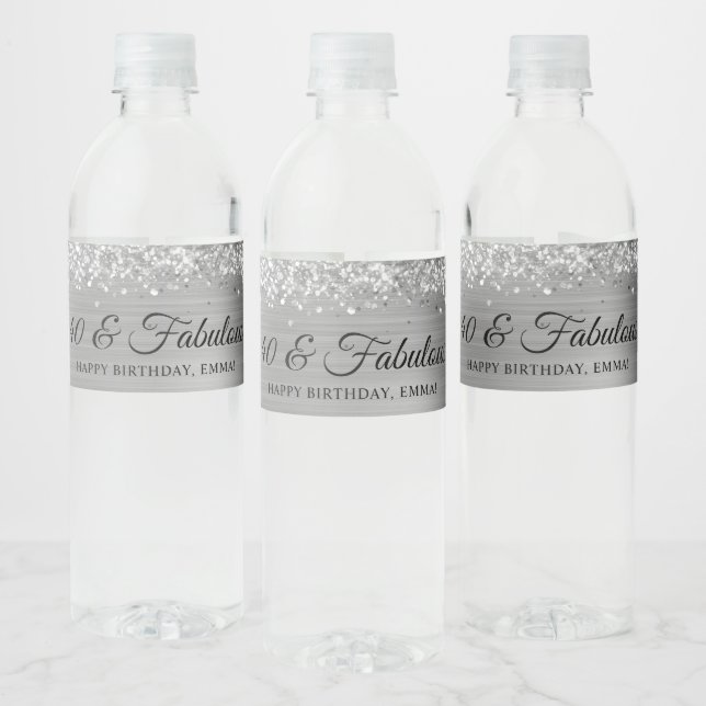 Étiquette Pour Bouteilles D'eau Glittery Silvery Grey Foil 40 & Fabuleux (Bouteilles)