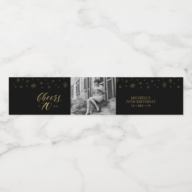Étiquette Pour Bouteilles D'eau Gold & Black Cheers 70 ans, 70e anniversaire (Étiquettes simples)