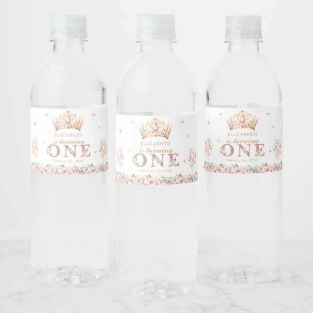 Étiquette Pour Bouteilles D'eau Gold Crown Princesse Fille 1er anniversaire (Bouteilles)