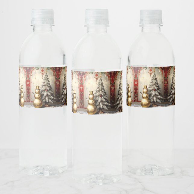 Étiquette Pour Bouteilles D'eau Gold Snowman Christmas Tree Water Bottle Label (Bouteilles)
