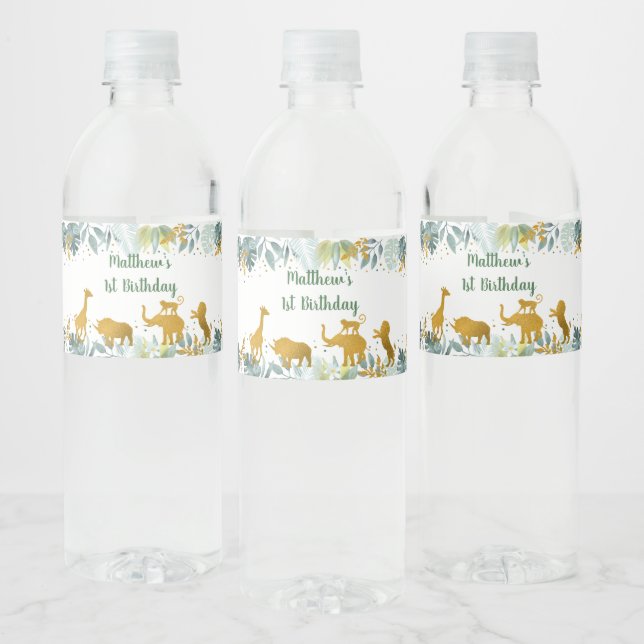 Étiquette Pour Bouteilles D'eau Green Gold Safari animal Anniversaire (Bouteilles)