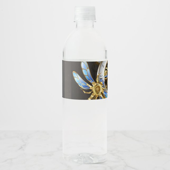 Étiquette Pour Bouteilles D'eau Horloge à vapeur avec libellule mécanique (Devant)