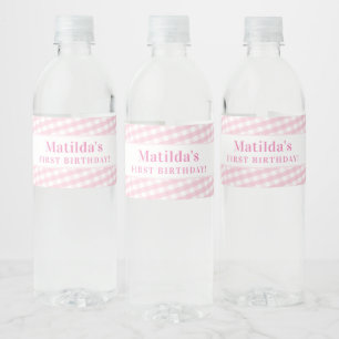 Étiquette Pour Bouteilles D'eau JEUNESSE vintage en vichy motif fille rose pâle