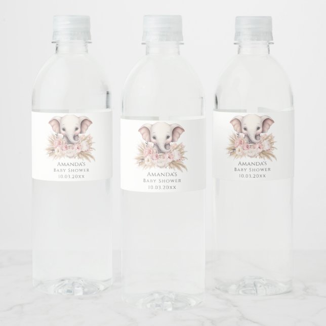 Étiquette Pour Bouteilles D'eau Joli éléphant rose Boho Baby shower fille (Bouteilles)