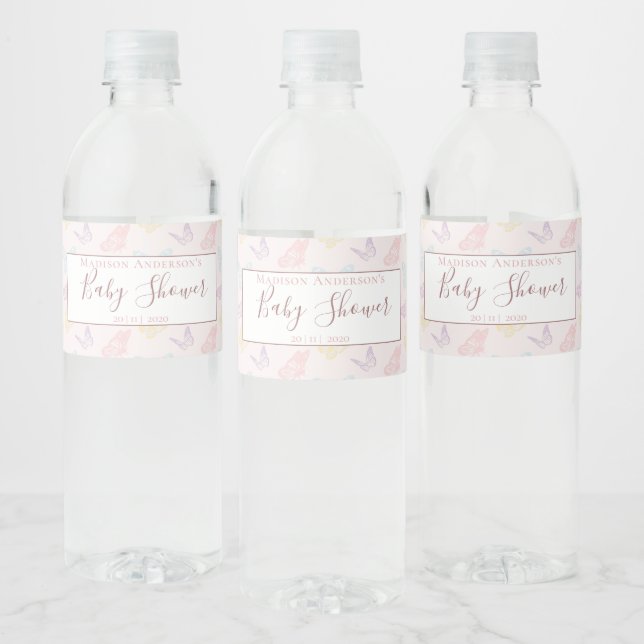 Étiquette Pour Bouteilles D'eau Joli Pastel Motif papillon rose Baby shower (Bouteilles)