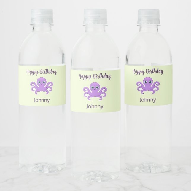 Étiquette Pour Bouteilles D'eau Joli poulpe violet vert (Bouteilles)