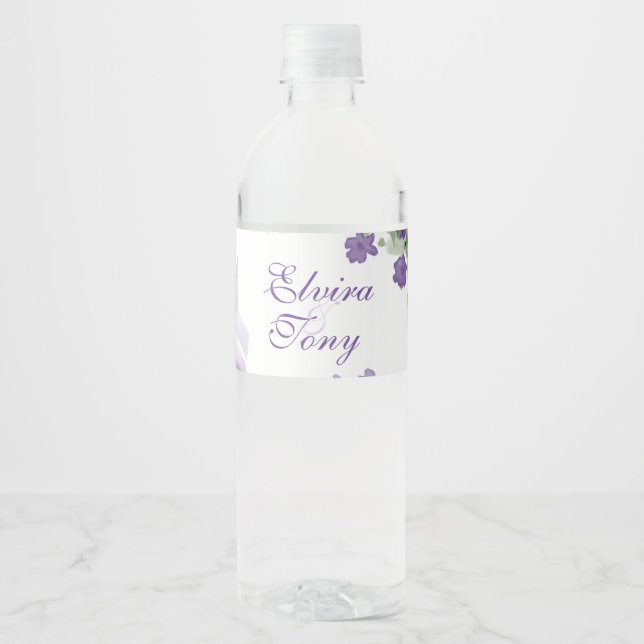 Étiquette Pour Bouteilles D'eau Joli Roses violets, Aquarelle Florale (Devant)