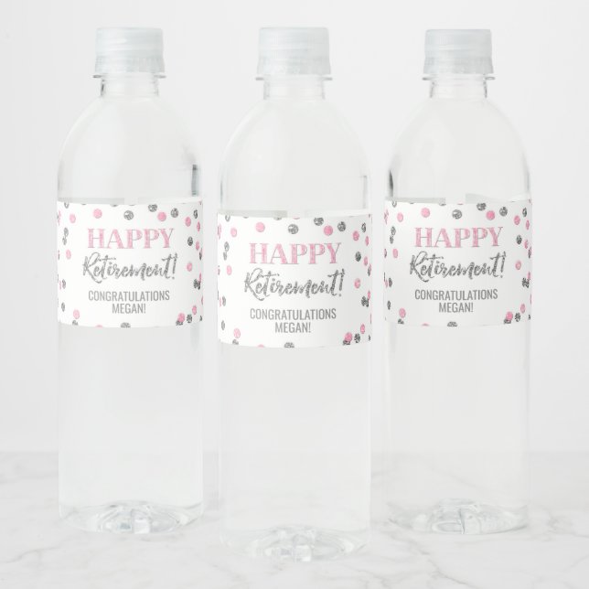 Étiquette Pour Bouteilles D'eau Joyeuse retraite confettis rose argent (Bouteilles)