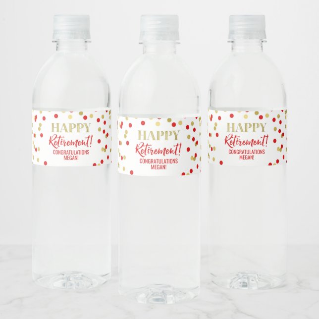Étiquette Pour Bouteilles D'eau Joyeuse retraite confettis rouge et or (Bouteilles)