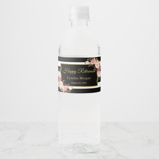 Étiquette Pour Bouteilles D'eau Joyeuse retraite Noir Blanc rayures florales (Devant)