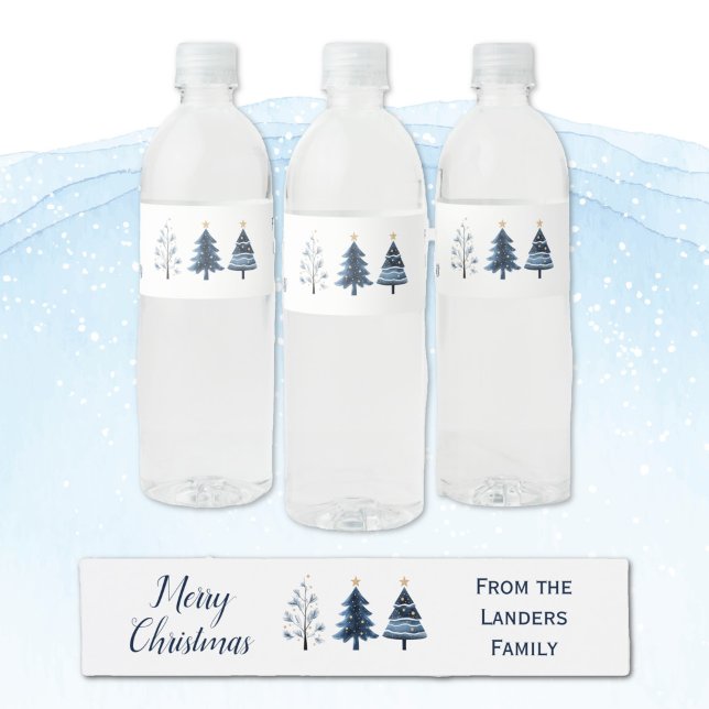 Étiquette Pour Bouteilles D'eau Joyeux arbres de Noël personnalisés bleu et or (Modern Blue and Gold Personalized Merry Christmas Tree Water Bottle Labels)
