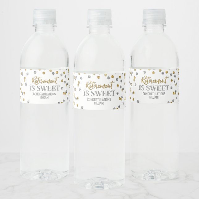 Étiquette Pour Bouteilles D'eau La retraite est douce confetti or argent (Bouteilles)