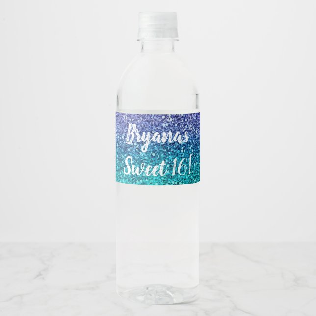 Étiquette Pour Bouteilles D'eau Lavender Purple & Teal Aqua Green Sparkly Glitter (Devant)