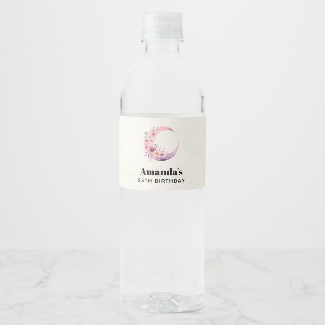 Étiquette Pour Bouteilles D'eau Lune rose Croissant avec de jolies fleurs Annivers (Devant)