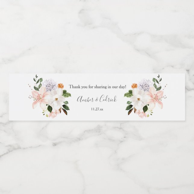 Étiquette Pour Bouteilles D'eau Lys, Magnolias, Mariage Floral Rose (Étiquettes simples)