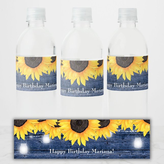 Étiquette Pour Bouteilles D'eau Mariage Champêtre Tournesols Bleu Nuit (Créateur téléchargé)