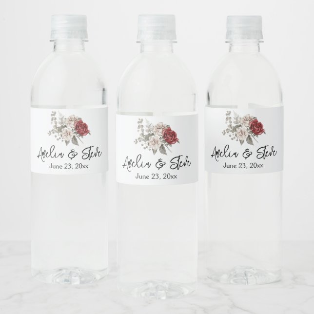 Étiquette Pour Bouteilles D'eau Mariage de bouquet rouge gris et crème Boho (Bouteilles)