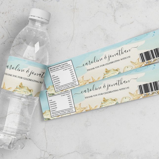 Étiquette Pour Bouteilles D'eau Mariage de destination nautique Coquillages de pla (Créateur téléchargé)