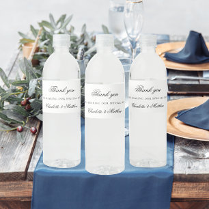 Étiquette Pour Bouteilles D'eau Mariage de script noir blanc merci