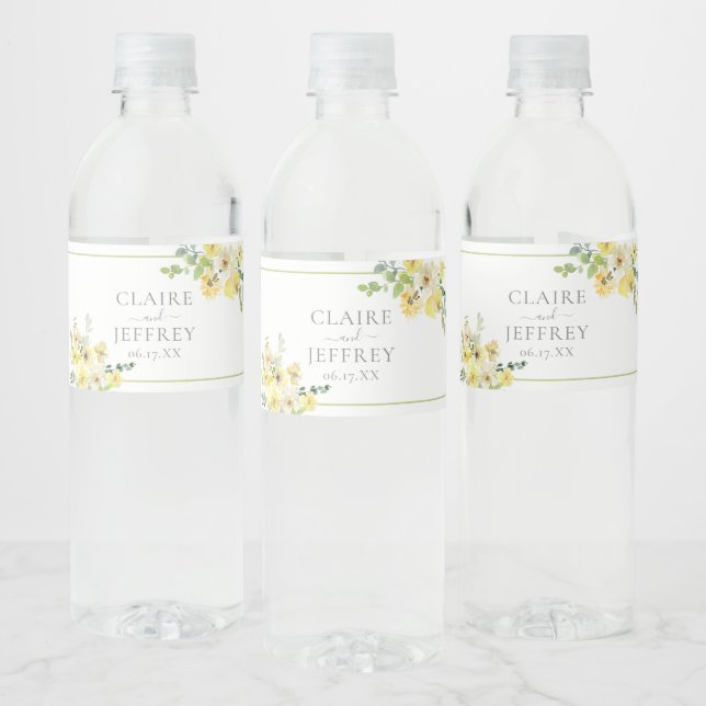 Étiquette Pour Bouteilles D'eau Mariage d'été Delicic Jaune Floral Sage Vert (Bouteilles)