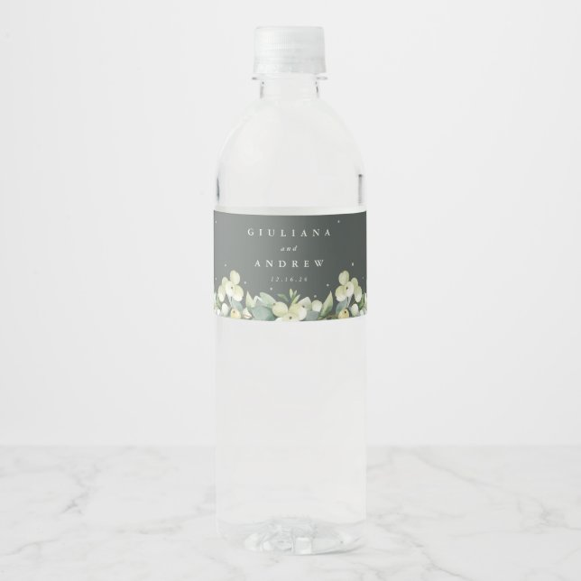 Étiquette Pour Bouteilles D'eau Mariage d'hiver Grey-Green Snowberry+Eucalyptus (Devant)
