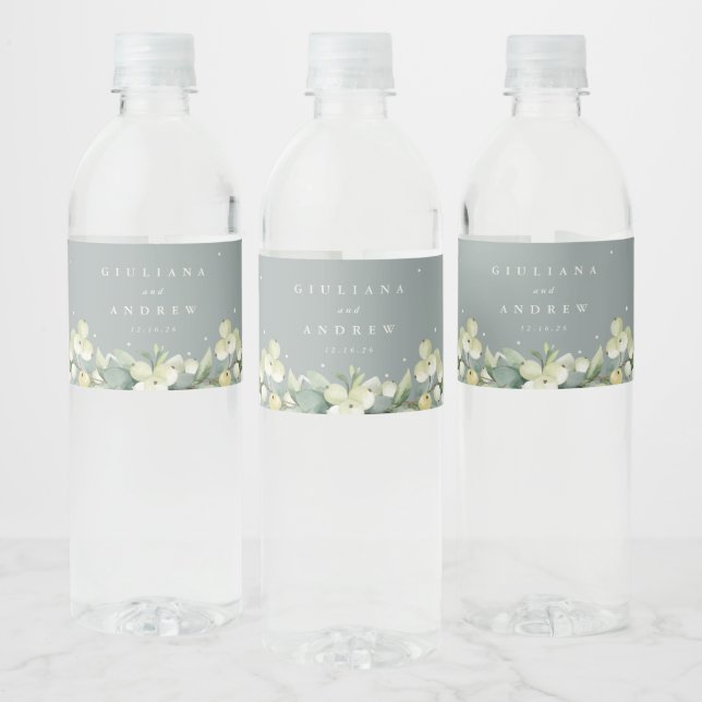 Étiquette Pour Bouteilles D'eau Mariage d'hiver Seafoam Green Snowberry+Eucalyptus (Bouteilles)