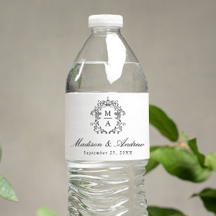 Étiquette Pour Bouteilles D'eau Mariage élégant avec monogramme et blason en chino
