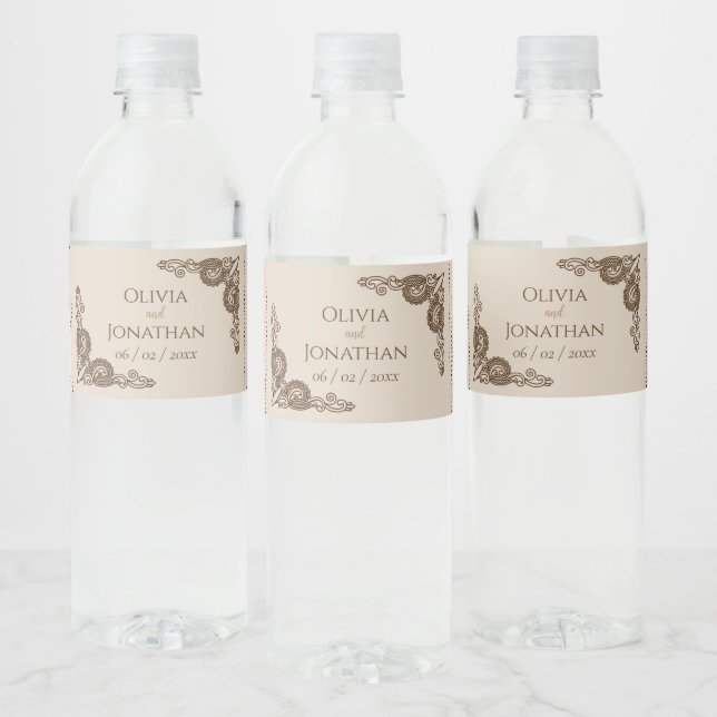 Étiquette Pour Bouteilles D'eau Mariage élégant et classe beige orné (Bouteilles)