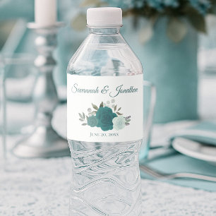 Étiquette Pour Bouteilles D'eau Mariage Élégant Roses Rustique Sarcelle & Turquois