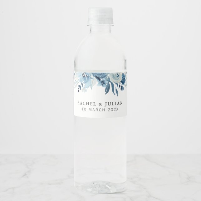 Étiquette Pour Bouteilles D'eau Mariage floral bleu aquarelle (Devant)