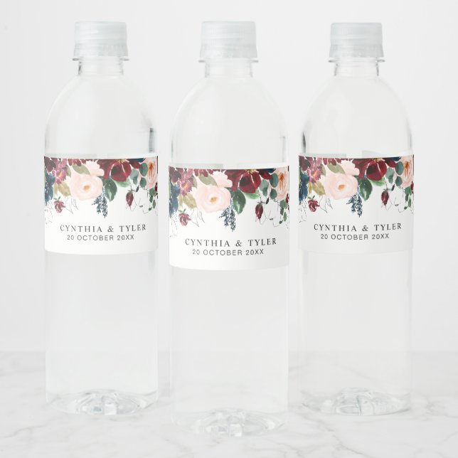 Étiquette Pour Bouteilles D'eau mariage floral bordeaux et roux (Bouteilles)