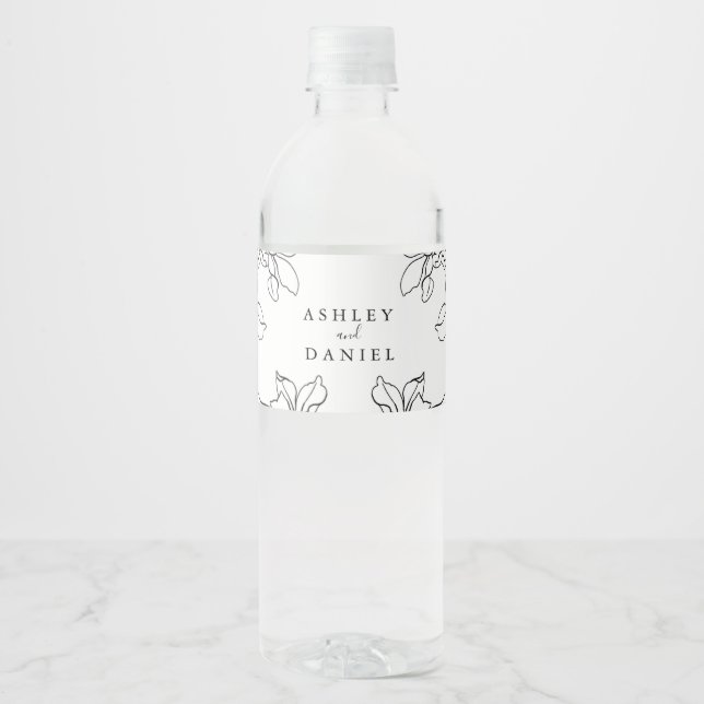 Étiquette Pour Bouteilles D'eau Mariage floral noir et blanc moderne (Devant)