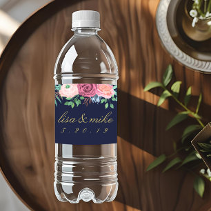 Étiquette Pour Bouteilles D'eau Mariage Floral Rustique Bleu Marine