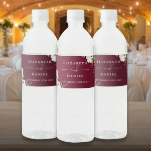 Étiquette Pour Bouteilles D'eau Mariage floral verdure élégant Bourgogne