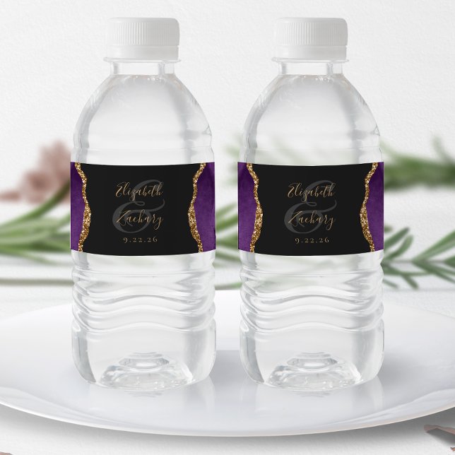 Étiquette Pour Bouteilles D'eau Mariage foncé moderne violet or Agate (Créateur téléchargé)