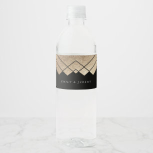 Étiquette Pour Bouteilles D'eau Mariage Gatsby d'or noir géométrique