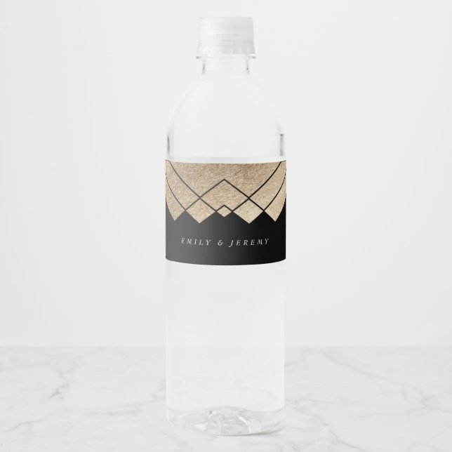 Étiquette Pour Bouteilles D'eau Mariage Gatsby d'or noir géométrique (Devant)