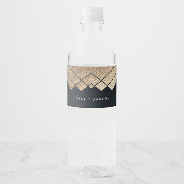 Étiquette Pour Bouteilles D'eau Mariage Géométrique Dark Navy Gold Gatsby (Devant)