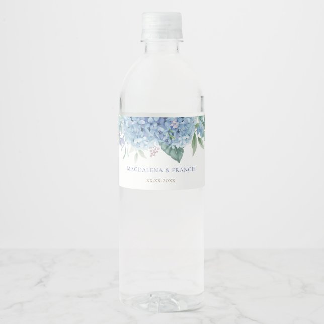 Étiquette Pour Bouteilles D'eau mariage hydrangea bleu (Devant)