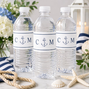 Étiquette Pour Bouteilles D'eau Mariage Initial Ancre Bleu Nautical