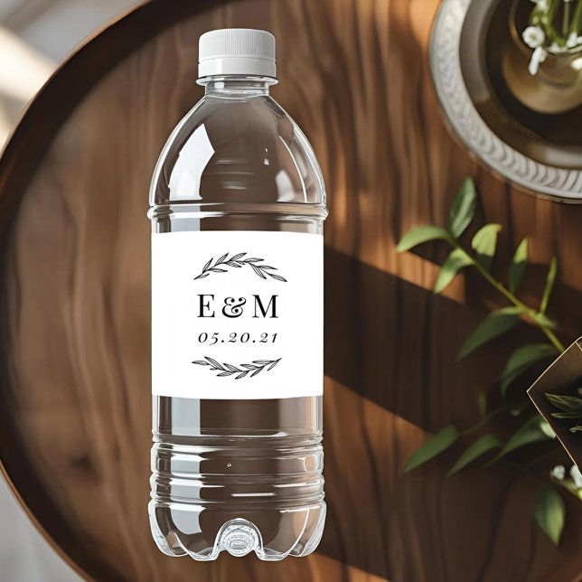 Étiquette Pour Bouteilles D'eau Mariage Monogramme de la branche Laurel (Créateur téléchargé)