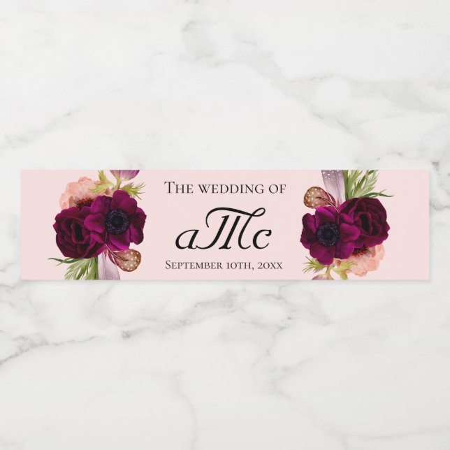 Étiquette Pour Bouteilles D'eau Mariage rose or bordeaux fleurons  monogramme (Étiquettes simples)