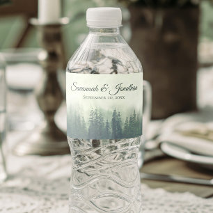 Étiquette Pour Bouteilles D'eau Mariage Rustique en Forêt de Pins Verts Brumeux