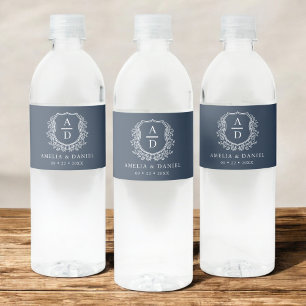 Étiquette Pour Bouteilles D'eau Marine Bleu Monogramme Botanique Mariage Floral Cr