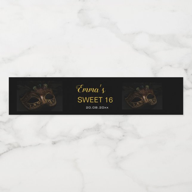 Étiquette Pour Bouteilles D'eau Masquerade Elegant Gold Black Sweet 16 15 Annivers (Étiquettes simples)